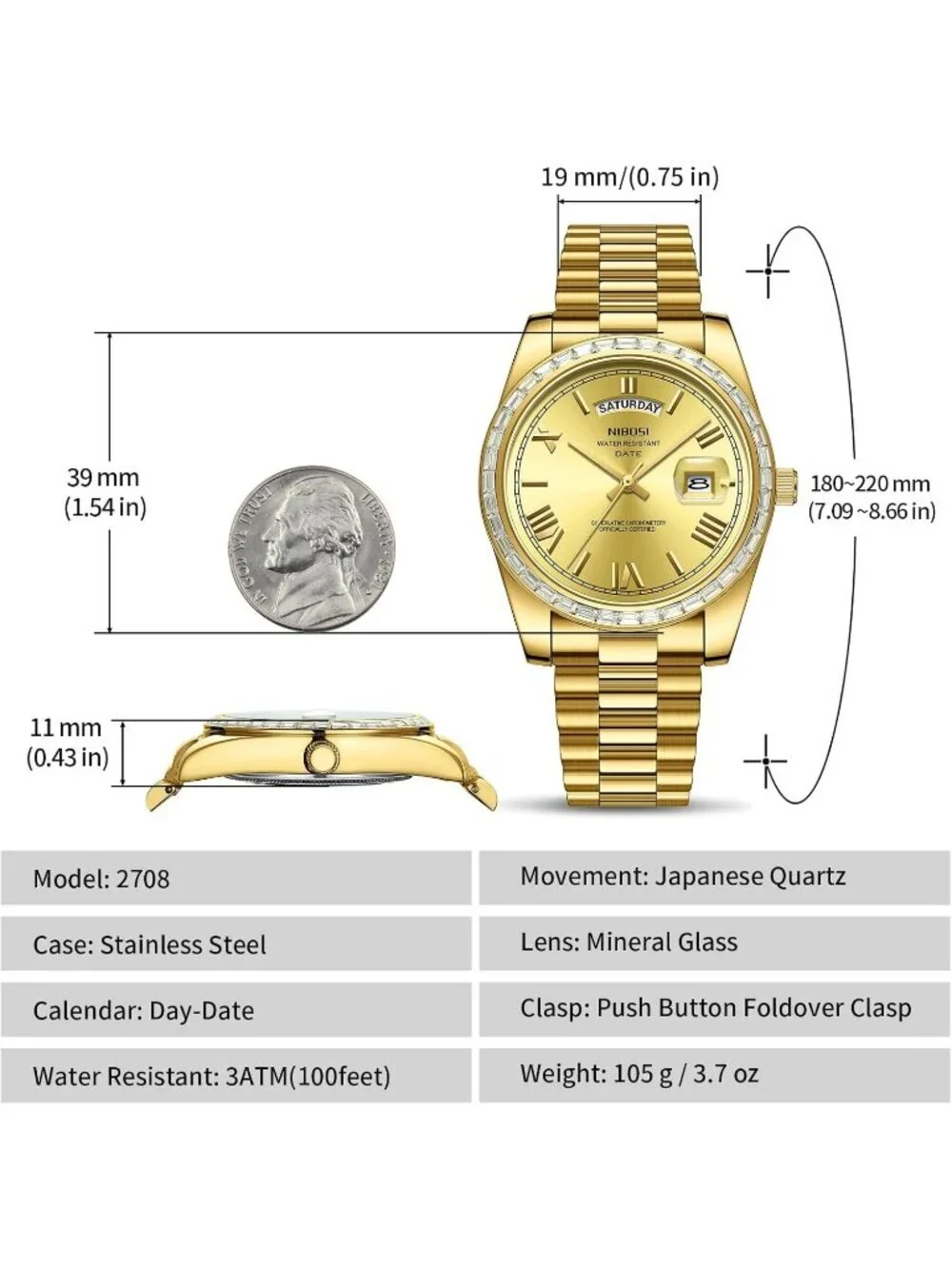 Nibosi Men's Gold Analog Quartz Diamond Bezel Stainless Steel Waterproof Watch